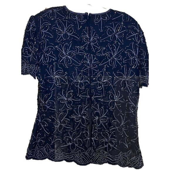 Black 80's Beaded Silk Evening Formal Blouse Top Lined Shoulder Pads - Picture 2 of 2